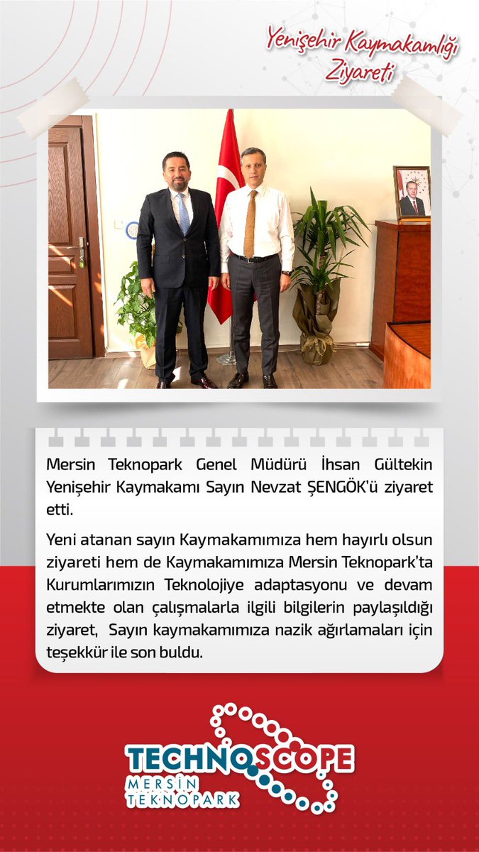 MersinTeknopark's tweet photo. Mersin Teknopark Genel Müdürü İhsan Gültekin Yenişehir Kaymakamı Sayın Nevzat ŞENGÖK’ü ziyaret etti.
#teknopark #mersinteknopark #sanayiveteknolojibakanlığı #türkiye #mersinteknopark #technoscope #inovasyon #bilim #teknoloji https://t.co/WVuQYAUc76