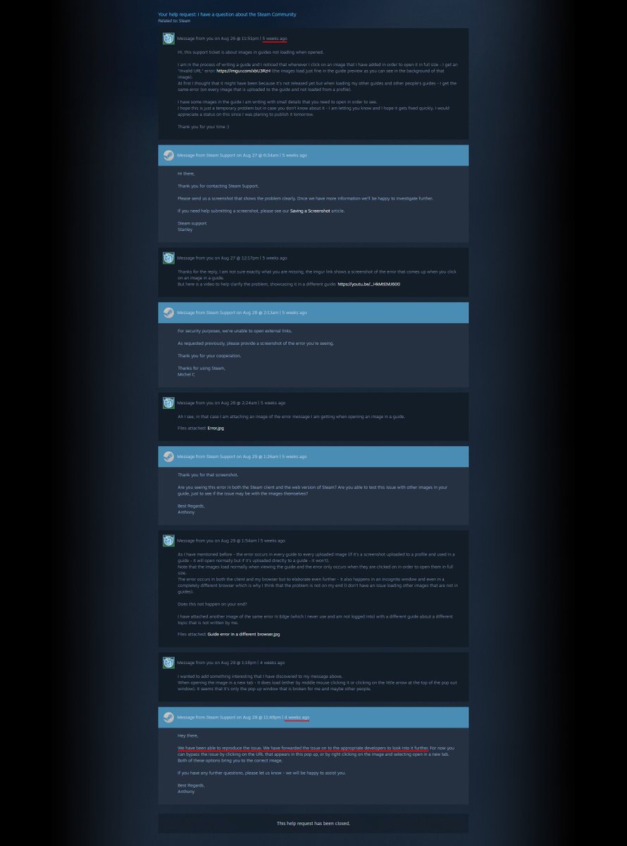 SeanErren's tweet image. Over the past few weeks images in Steam guides have been broken.
At first images didn't open up when clicked on (they still don't) and now random images are being DELETED.
In both of my support tickets @valvesoftware recognized the issues but nothing has been done
#ValvePleaseFix