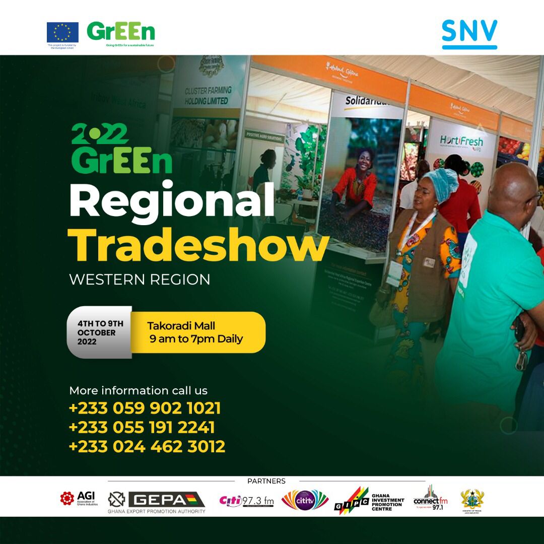 SNVGhana's tweet photo. From 4 October, we will be kicking off our 6-day GrEEn Regional Trade Show in the Western Region at the Takoradi Mall.

Join us and green businesses who will be exhibiting their products throughout the trade show.

See you at 9:00am tomorrow!

#AfricaTrustFund #GrEEnProject https://t.co/qNmovDEXcF