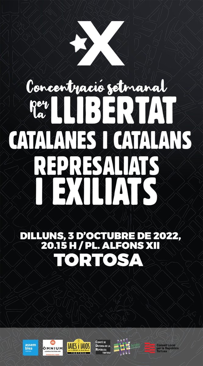 ANCTortosa's tweet photo. Avui es compleixen 5 anys de les grans mobilitzacions arreu del país del 3 d'octubre.
Avui, a Tortosa, tamb�� comptarem 244 setmanes sortint al carrer tots els dilluns de l'any per exigir la llibertat dels represaliats.
Ens trobem a la plaça! https://t.co/hDhQDB0p5I