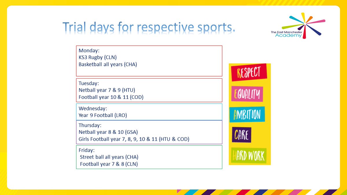 This week's schedule for after school extra-curricular clubs (w/c Mon 3 Oct 2022)

#atTEMAweREACH