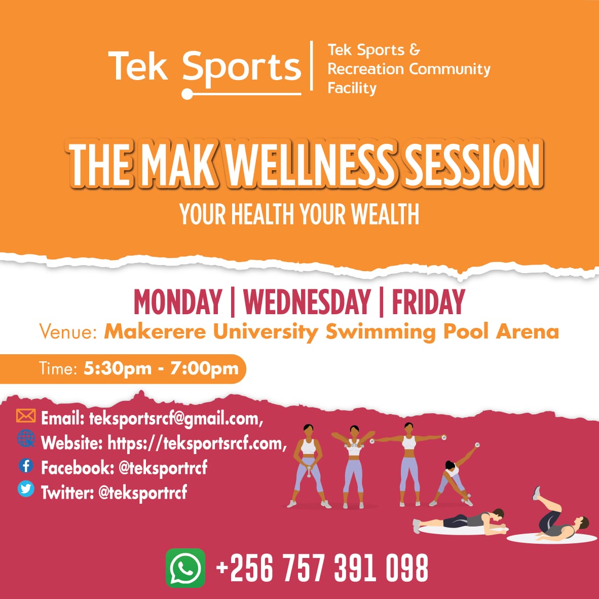 Ivaaan256's tweet photo. In the month of October, We @teksportsrcf aim to make physical fitness a social activity

Thus, We are inviting  friends, workmates, family to exercise with us on top of developing new friendships with physically active people. 

Join us today 5pm @Makerere univ swimming pool https://t.co/zq3SGMe7wJ