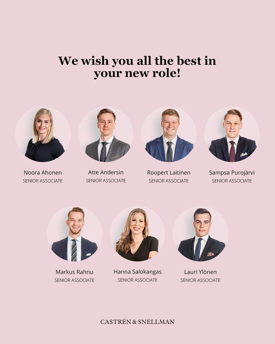 CastrenS's tweet photo. Seven of our dear C&amp;S colleagues and associate lawyers have been appointed to senior associate positions as of 1 October. Warm congratulations to you all! ✨✨✨

#castrenspirit
#castrenpeople
#sustainablesuccessstories https://t.co/uyb3VbWWri