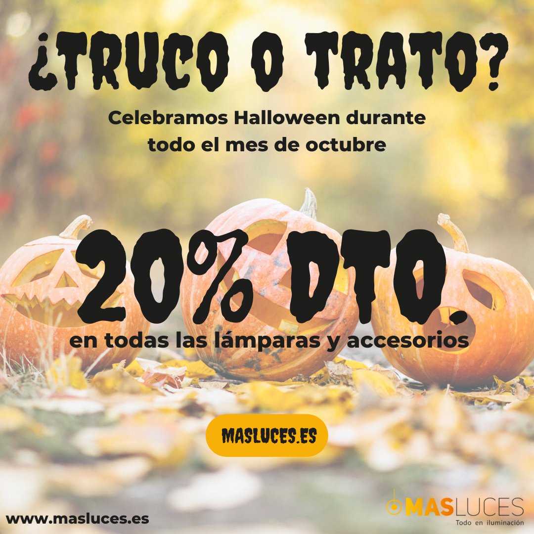 ¡Celebramos Halloween durante todo el mes de octubre!
Todos los productos de la web (con stock disponible) tendrán un descuento del 20%.
Date prisa que vuelan.

masluces.es/lamparas-ilumi…

#decoracion #liquidacion #halloween #rebajasdehalloween #promociones #otoño #rebajas