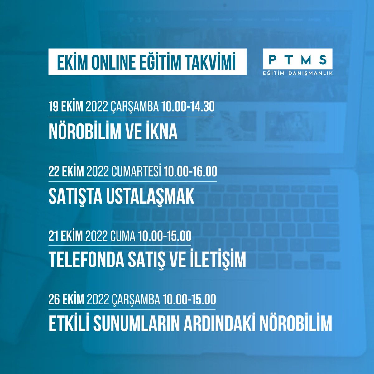 PTMSTWITT's tweet photo. Ekim ayında gerçekleşecek genel katılıma açık eğitimlerimizin tarihleri belli oldu. Zoom üzerinden gerçekleşecek eğitimlerin katılımcı sayısı sınırlıdır. Eğitimler hakkında bilgi ve kayıt için dcimen@ptms.com.tr @KKAYABALI  #nörobilim #ikna #satış #telefondailetişim #etkilisunum https://t.co/GIX0Vz7AsA