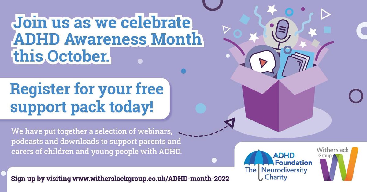 NeurodiversityT's tweet photo. October is ADHD Awareness Month! In partnership with our friends @WitherslackGrp we have a selection of webinars, podcasts &amp; downloads to support your family.
To receive your pack, click here https://t.co/7bHvVeNv8U   @BPVForum @ParentCarer @WMRPCF @nspcwt @Stockton_PCF https://t.co/7CbIJpgNUG