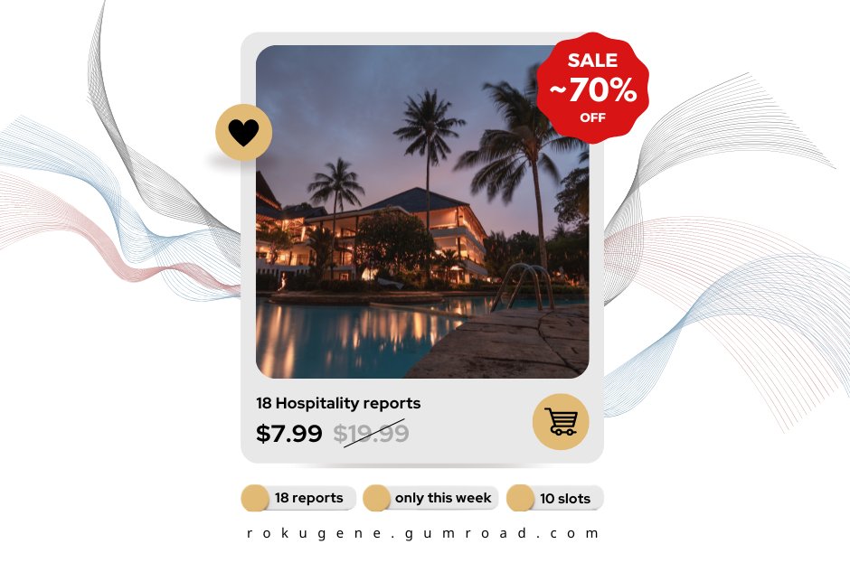 RokuGene's tweet photo. For only this week, the first 10 people can snag a pack of 18 #hospitality #reports for an exclusive price. Plus our 20% discount code: earlybirds - that's 70% off!
⊛ Visit: https://t.co/CoooaLvIF5

#startup #founder #marketresearch #hotel #hospitality #properties #marketing https://t.co/4ZnvyB7LMP