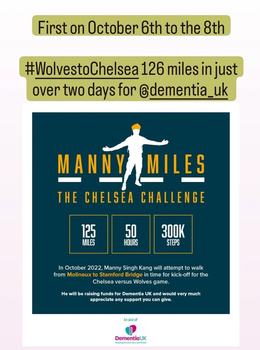 pedalsingh's tweet photo. 3 days to go ππΎ
#WolvestoChelsea
1 in 14 over the age of 65
1 in 6 over the age of 80
That's the chance of you developing a form of Dementia.
No family should be alone without care and support. That's where @DementiaUK can help ππΎ.
https://t.co/qbrhs5BYXh https://t.co/capginBE5G