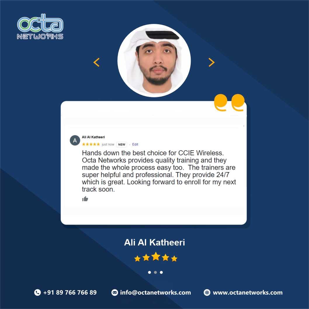 OctaNetworks's tweet photo. Seeing your students happy is a wonderful achievement. Mr. Ali Al Katheeri shares his review on CCIE training at Octa Networks!
#octanetworks #CCNA #CCNP #CCIE #cciebootcamp #ccietraining #cciepreparation #ccieenterprise #cisco #routers #computernetworking #itinstitute https://t.co/ARoEQfe5rs