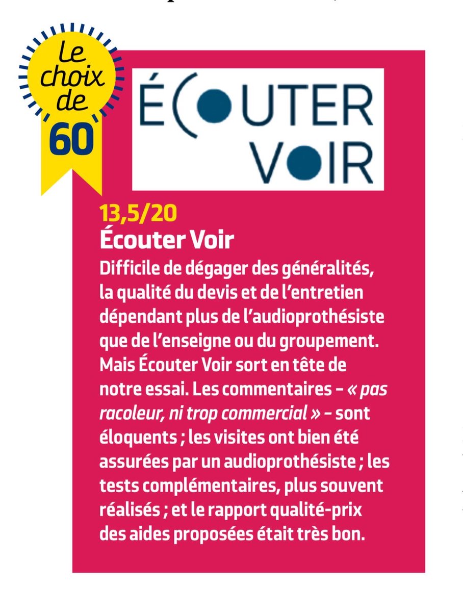 mutualite70's tweet photo. 😍 Merci à @60millions  pour la reconnaissance du travail qu'opèrent les équipes chaque jour dans nos centres d'audition.
Lorsqu'on vient chez #ÉcouterVoir, c'est avant tout l'accès aux soins pour tous
👏🏼  Bravo à tous ! https://t.co/5gJfoNkbQA