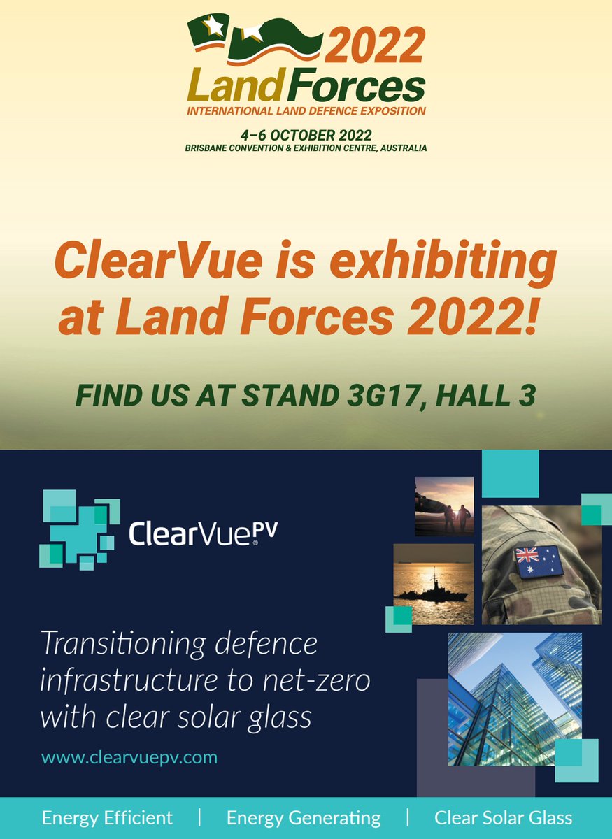 ClearVuePV's tweet image. @ClearVuePV is locked and loaded for tomorrow's opening day at @LandForces_Expo!
Visit us at Stand 3G17 to learn more about how #ClearVuePV can help decarbonise defence infrastructure with its energy efficient, clear solar glass technology!
#RenewableEnergy #Defence