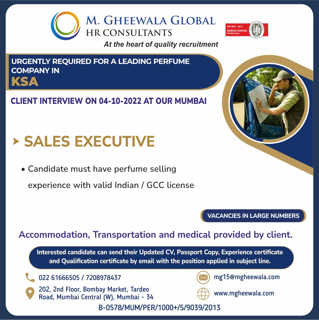 mgheewala_hrc's tweet photo. Job Vacancies for #SaudiArabia
Interested Candidates can send the updated resume to mg15@mgheewala.com
Learn More https://t.co/Ps4bxvjpD1
#sales #salesexecutive #salesexperience #salesperson #salesindustry #indianlicense #gcclicense #perfumecompany #saudijobs https://t.co/85g9N5Au0J