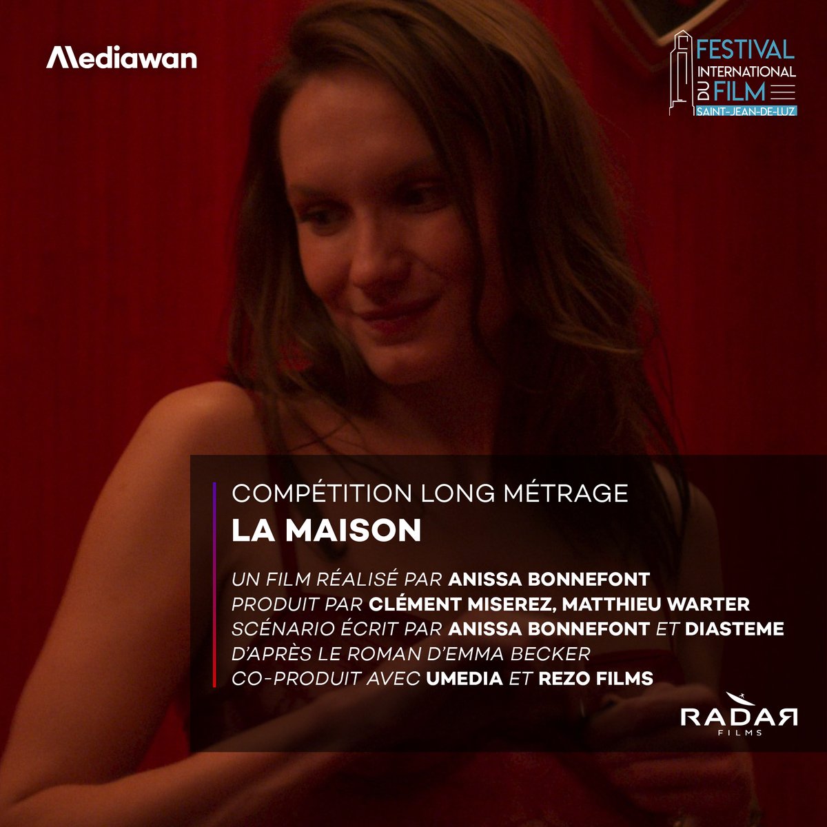 MediawanFr's tweet photo. #FIFSJDL2022 débute aujourd'hui !
Pour cette nouvelle édition, le film "La Maison" réalisé par #AnissaBonnefont, est en lice dans la catégorie "Compétition Longs Métrages".
🗓️ Projection le 04/10 à 20h00
Pour plus d'informations : https://t.co/6ebLpaeljE https://t.co/saSqakiZRv