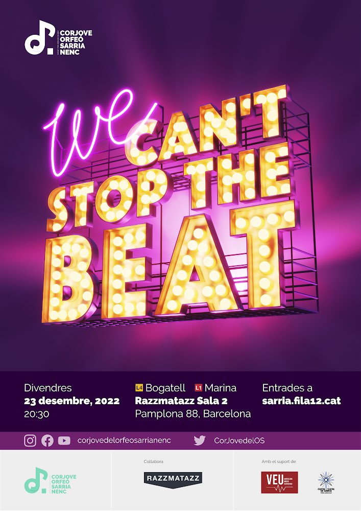 🪩 𝗖𝗢𝗡𝗖𝗜𝗘𝗥𝗧𝗔𝗭𝗢 𝗔 𝗥𝗔𝗭𝗭
40 cantaires en escena presentant-vos l'espectacle WE CAN'T STOP THE BEAT dirigits per <a href="/GerardIbanezM/">Gerard Ibáñez M.</a> 
Un espectacle de musicals de Broadway i de teatre musical nacional.

Aconsegueix la teva entrada a:
acortar.link/WYorSF

#razzmatazz