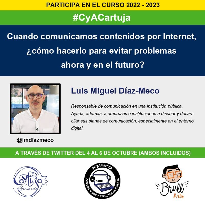 Llegó la semana, la semana de <a href="/lmdiazmeco/">Luis Miguel Díaz-Meco. Comunicación</a> 

Mañana da comienzo la actividad a través de Twitter hasta el día 6 de octubre inclusive

#CyACartuja #comunicación
