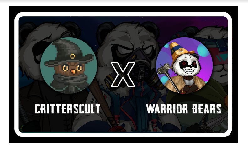⚔️Warrior Bears x Critterscult Collab Giveaway ⚔️

Prize: 3 Critters Cult NFTs 🎁

💥To enter:

🔥Follow @warri0rbears 
🔥Like and RT asap

⏳Ends in 24hrs⏳
#NFTgiveaway #warriorbears #SOL #solana #critterscult #web3 #giveaway #FreeNFTs #NFTcollection #NFTs #ETH #NFTartwork