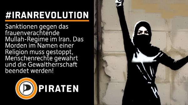 PIRATEN_Saar's tweet photo. Sanktionen gegen das frauenverachtende Mullah-Regime im #Iran. Das Morden im Namen einer Religion muss gestoppt, Menschenrechte gewahrt und die Gewaltherrschaft beendet werden! #IranRevolution #PIRATEN https://t.co/PsG46V7N4Y