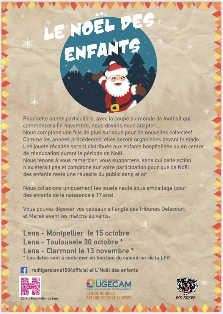 LNoelDesEnfants's tweet photo. Nous comptons une fois de plus sur vous pour cette 17eme édition du Noël des enfants 🎁🎁

Rdv sur le parking Marek,
Lens - Montpellier le 15 octobre
Lens - Toulouse le 30 octobre 
Lens - Clermont le 13 novembre 
#lenoeldesenfants #RCLens #solidarité #RCL @RCLens @RedTigersLens https://t.co/TB4fBowIna