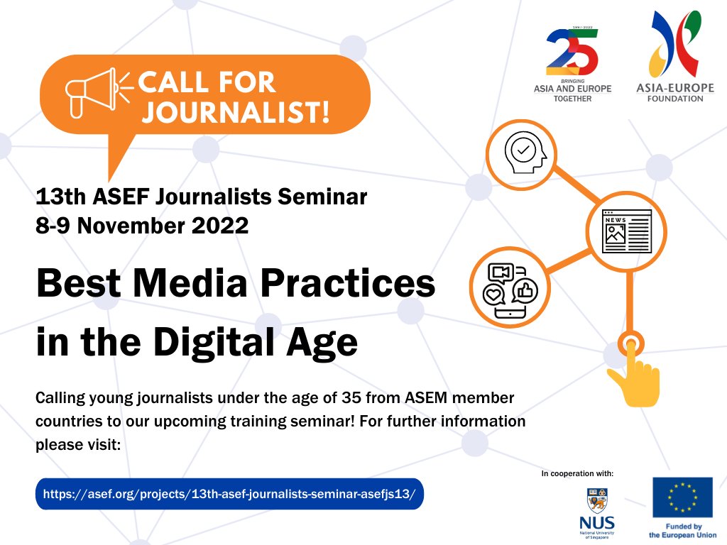 aseforg's tweet photo. Last chance to apply to the 13th ASEF Journalists Seminar!
If you are a young journalist looking for an opportunity to leverage new media in your daily work, then this is the right opportunity for you.
Apply here: https://t.co/5tKC40UMrW
#ASEF25 #ASEFJS13 #journalism #media https://t.co/7sLhXBuePr