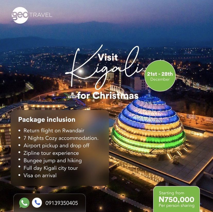 gowithgeo's tweet photo. Explore Rwanda’s finest city, KIGALI!✈️
Inclusions:
* Flight
* Hotels
* Airport transfers
* Kigali City Tour
* Horse ride, Zip lines, Archery, Paintball, Bungee, Quad bikes and many more.
Scan code or https://t.co/Rp3iEfsktI to book.
#MondayMotivation #gowithgeo #HappyNewWeek https://t.co/waf6jUArlC