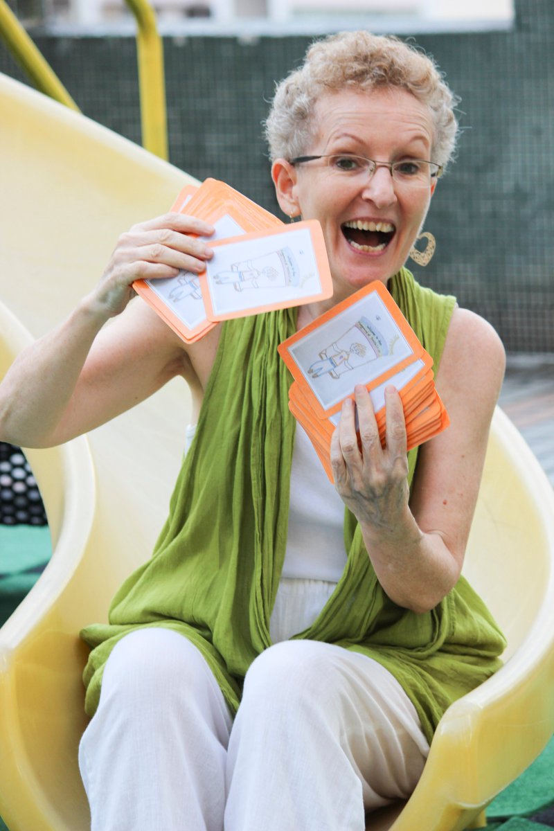 October 3, 2017: I’m holding my handmade prototype card deck, “The Playground of Possibilities”, one week before the launch of my crowdfunding campaign. The successful campaign enabled me to get the deck printed and start sharing it with the world. See <a href="/PlayPossible/">PlayPossible</a>