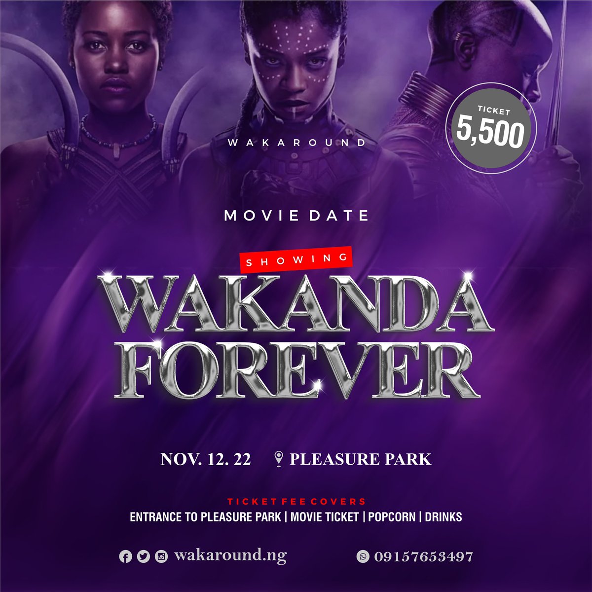 wakaround's tweet photo. We must find a way to look after one another. As if we were one single tribe. 
Let’s all go see Wakanda Forever on the 12th of November 2022 with a fee of N5500 that entails movie ticket, popcorn and drinks 
Wakanda Forever!!!!

#wakamoviedate #wakaroundng #wakandaforever https://t.co/7vjMjVXtmA