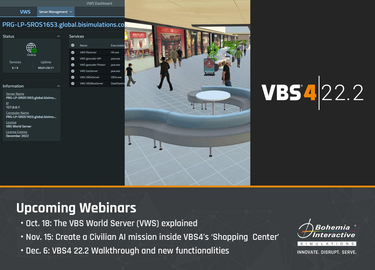 Here are the upcoming VBS webinar topics! Select your time zone and register here bisimulations.com/training/vbs-w… BISim hosts free webinars to help users get the most out of their VBS experience. #VBS3 #VBS4 #WebinarSeries