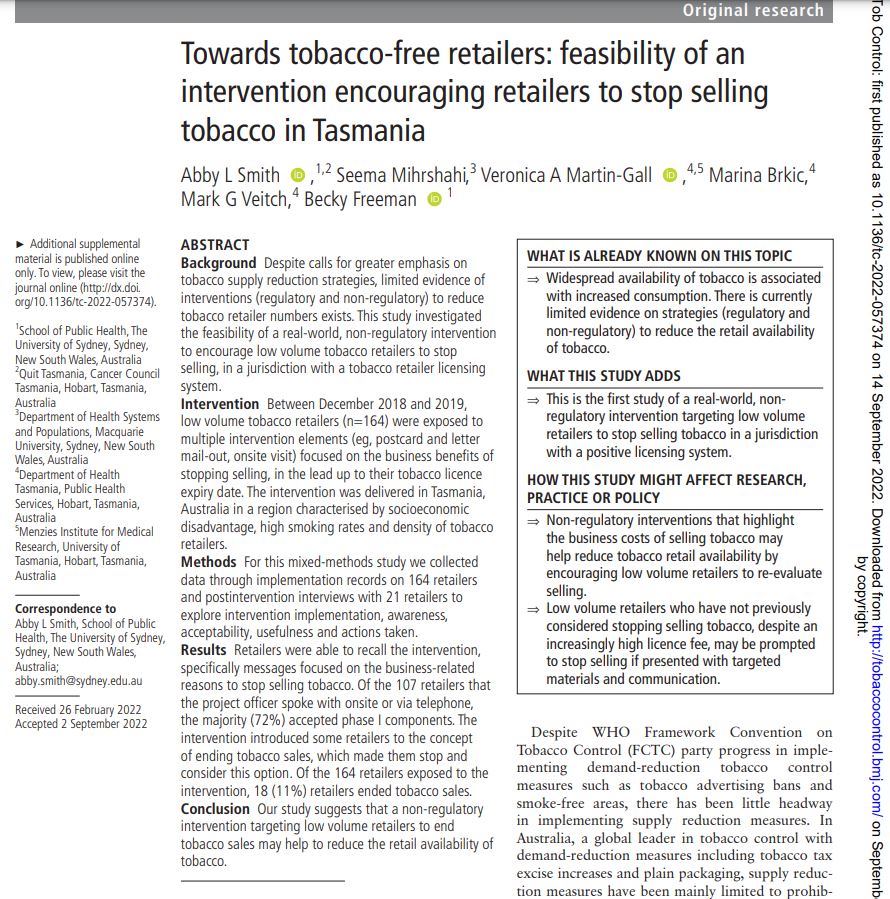 TC_BMJ's tweet photo. Tasmania: Study investigated the feasibility of a real-world, non-regulatory intervention to encourage low volume tob retailers to stop selling, in a jurisdiction with a tobacco retailer licensing system and found that there was appetite for such a system. https://t.co/ezUyrzxpqI https://t.co/qTK9CGl7J6