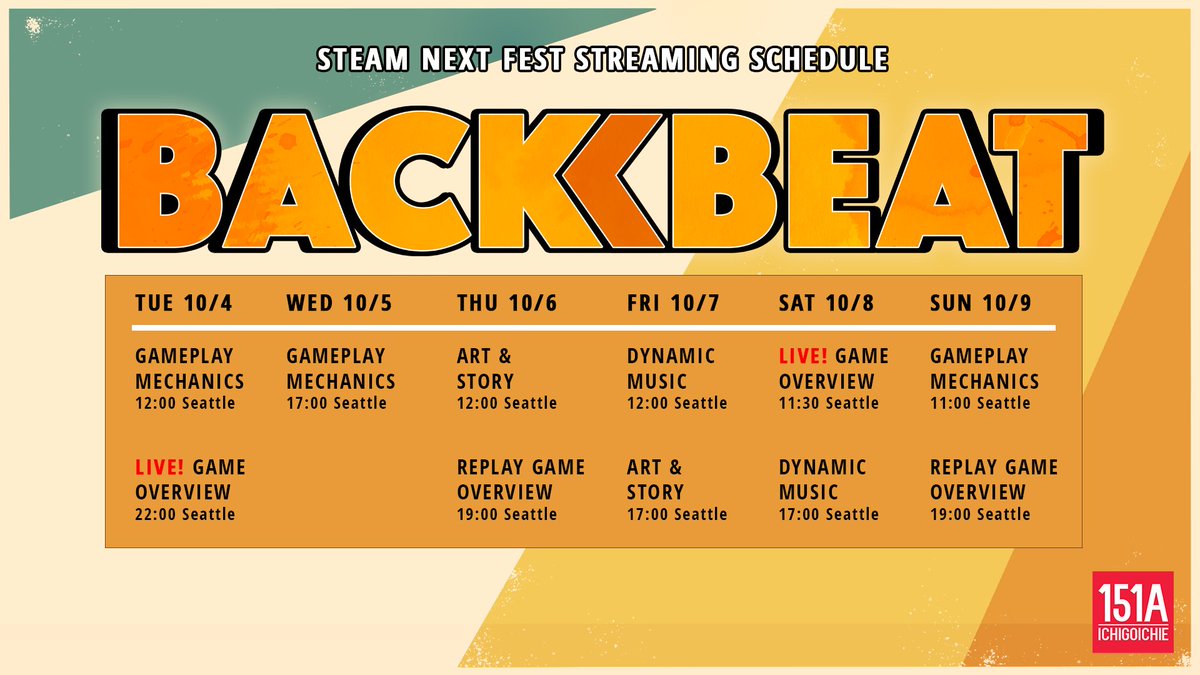 【！UPDATED SCHEDULE！】

We are joining #SteamNextFest this week with our game, Backbeat! 

Join us for talks showing the unique mechanics in the game and livestreams where you can chat with us!

Wishlist now to get notified when we go live!
🚂store.steampowered.com/news/app/15857…

#indiegame