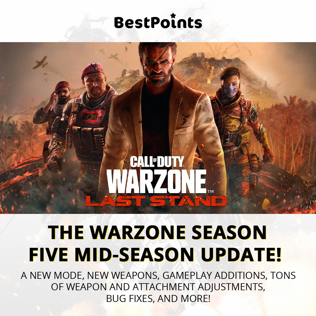 bestpointscd's tweet photo. The Warzone Season Five Mid-Season update! 🌟 A new mode, new Weapons, Gameplay additions, tons of Weapon and Attachment adjustments, Bug Fixes, and more! 🕵️

#bestpoints #cod #CallOfDuty #gaming #game #giftcards #BestPointsApps https://t.co/5bUJa0VRE5
