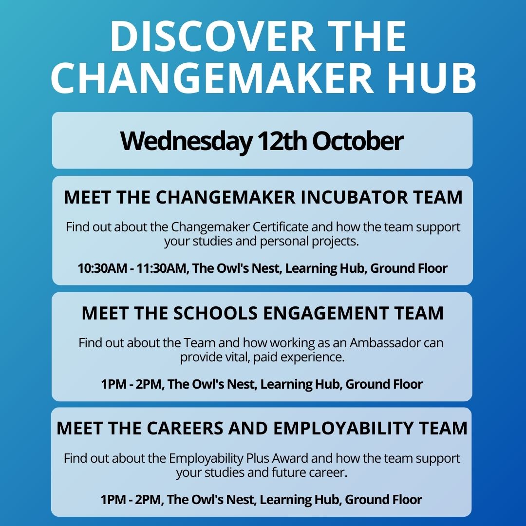 🚨CHANGEMAKER HUB WEEK 🚨Have you booked onto 1 (or all🤷‍♀️) our talks? Find out more how we can help you achieve your career goals, support your studies and more! #changemakerhubweek22 #changemakerhub #UON
