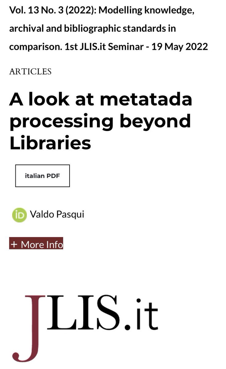 📍Valdo Pasqui <a href="/bncfirenze/">Biblioteca Nazionale</a> ➰ A look at metatada processing beyond Libraries 📂 V.13, n.3 2022 JLIS.it jlis.it/index.php/jlis… #metadata #opendata