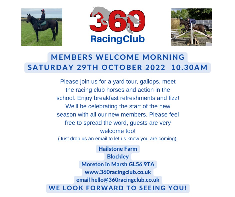 Save the date! Members morning 29th Oct. If you’re not a 360 member but are curious to see what’s going on or if you’d just like to meet some racehorses and enjoy a friendly chat and cuppa, everyone is welcome. Just email to let us know you’re coming hello@360racingclub.co.uk