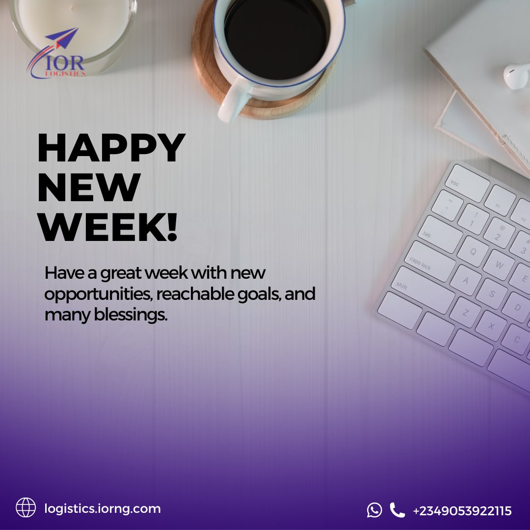 iorlogistics1's tweet photo. We wish you a Splendid week filled with great opportunities,  reachable goals and many blessings 

Cheers🥂

 #logisticscompanyinlagos #logisticscompany #logisticscompanyinabuja #logisticscompanyinnigeria #iorlogistics1
#iorglobal
#logistics
#deliveries
#haulage https://t.co/Xv2xyauK5n
