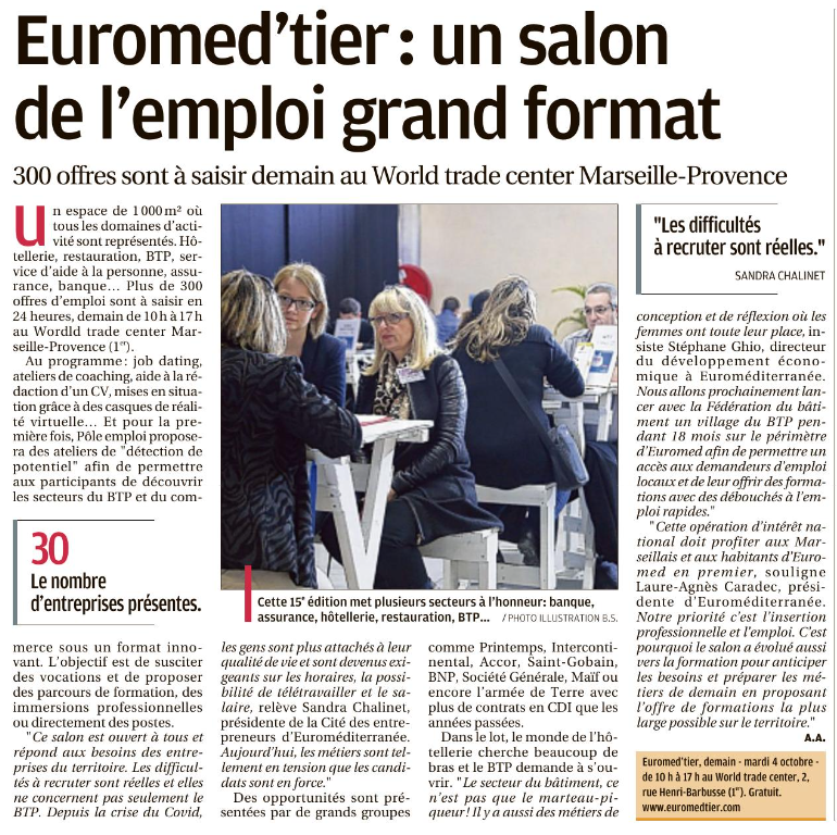 📅Le salon Euromed'tier, c'est demain ! 
👉Lancement de la 15è édition organisée par <a href="/CiteEuromed/">La Cité</a> &amp; <a href="/Euromed_MRS/">Euroméditerranée</a> 

Le salon en qqs chiffres : 
📄 + de 300 offres à saisir 
💼30 entreprises tous secteurs d'activité confondus
📍 Rdv demain au World trade center Marseille-Provence