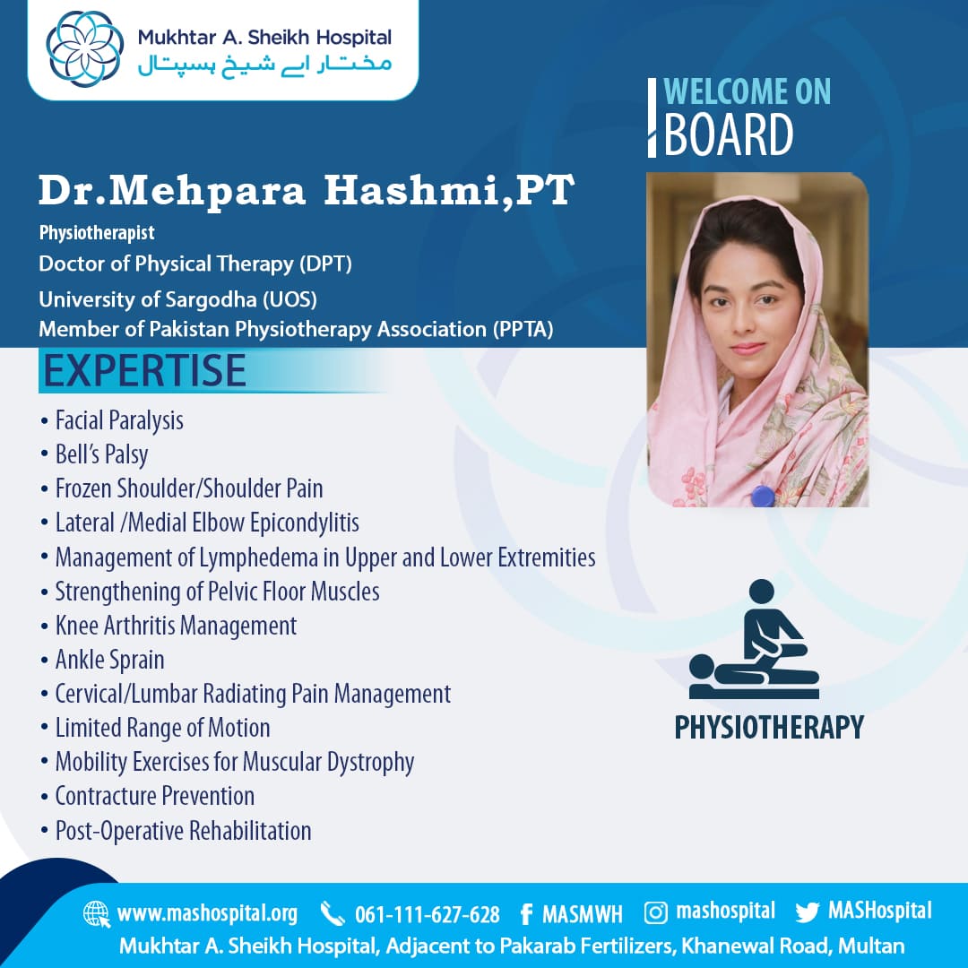 MASHospital's tweet photo. Dr. Mehpara Hashmi is a Physiotherapist; Doctor of Physical Therapy (DPT).
Visit today or call for further details:
π: 061-111-627-628
π²: 0317-1627628
π: https://t.co/IDQcpLZ4JI
#MASMWH #MASHCares #SafeMASH https://t.co/hmHpGIjtGV