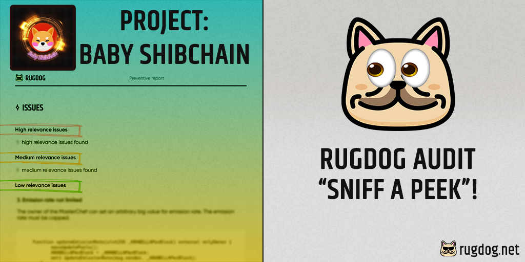 rugdognet's tweet photo. Woof woof! Your project's best friend, #RugDog, has sniffed out any and all vulnerabilities in your smart contracts, @BabyShibChain!
Sneak Peek: https://t.co/y2EycSTN3h
To get your full audit report, contact us at https://t.co/pHAL53G7pT or the@rugdog.net and stay protected! https://t.co/CjvoqF2AFJ