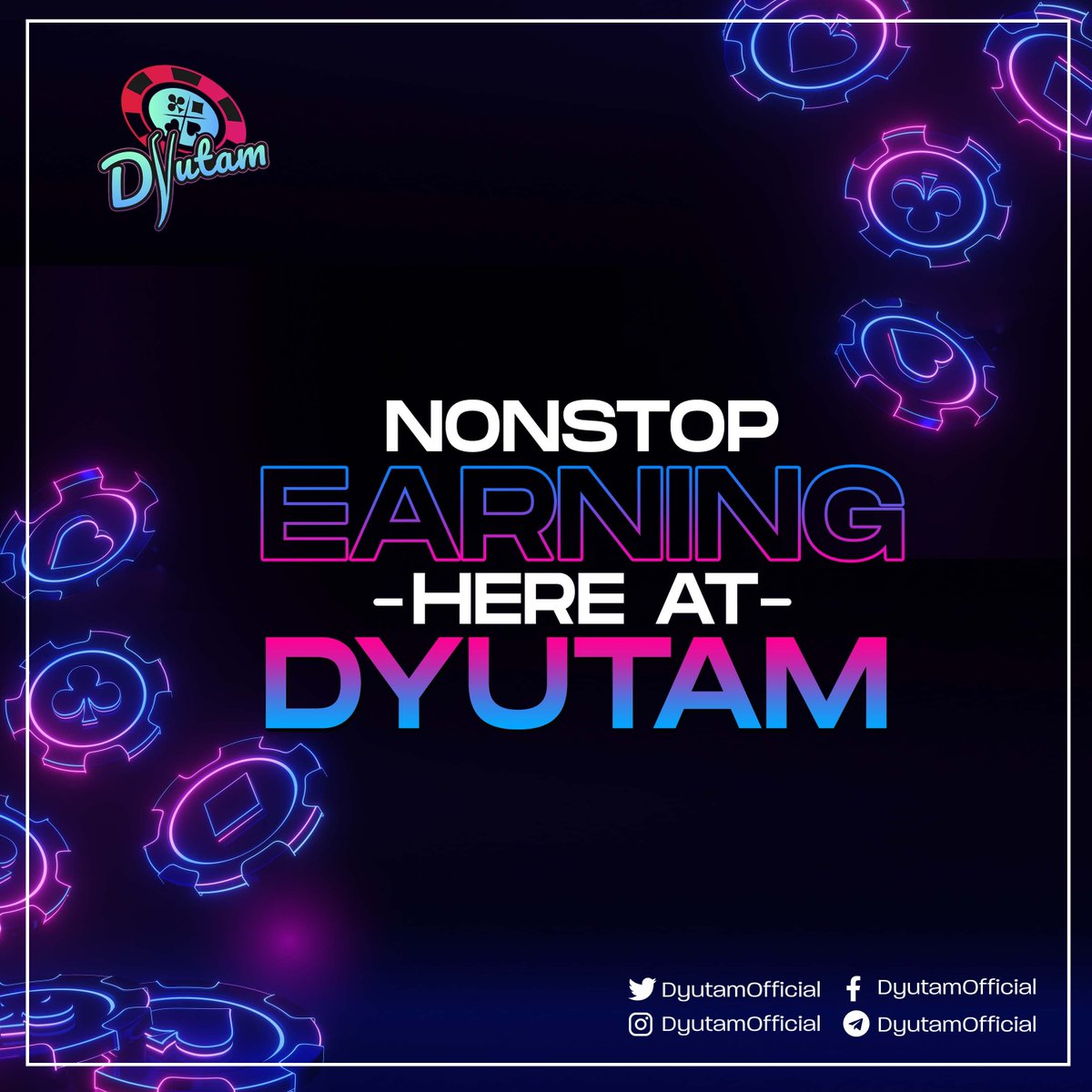 🤑We offer unlimited earning opportunities here at Dyutam! 🃏 Earn tokens by playing various casino games plus rewards and referral bonuses by being an NFT holder and an affiliate!🎲 

Be limitless, join our community: 🚀 🔗 linktr.ee/dyutam