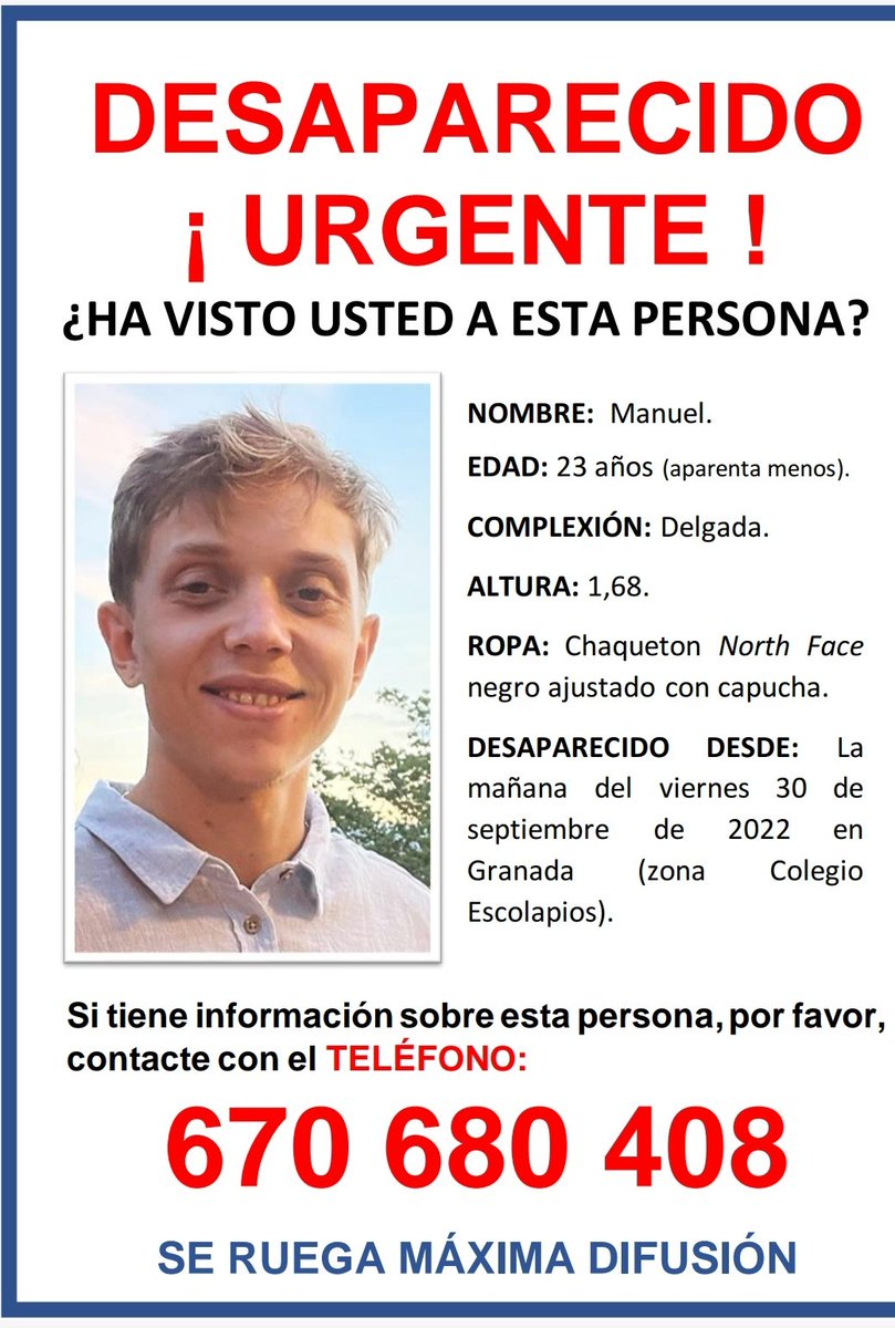 Gente de Granada, necesitamos encontrar a Manuel, desaparecido en Granada desde el viernes. Por favor, si lo habéis visto, llamad a este teléfono o a cualquier teléfono de policía. 
Por favor, compartid para que mucha gente pueda verlo. Gracias.