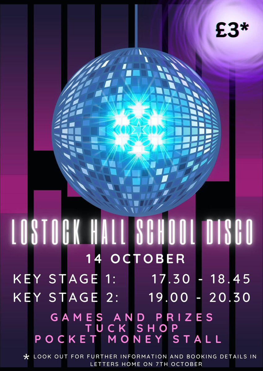 LostockPta's tweet photo. *Save the Date * 
The Lostock PTA school disco is back by popular demand. Look out for further details in book bags on Friday 💃 🪩 🕺 https://t.co/KxVTufGYKi
