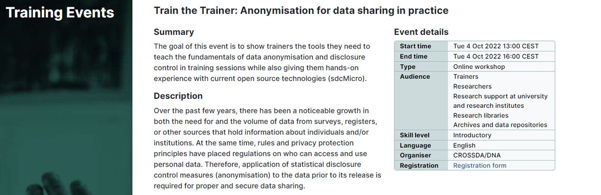 CESSDA_Data's tweet image. 👆Interested in anonymisation for data sharing in practice?

🔘 This time tomorrow!

📅 4 Oct 2022, 13-16 CEST

Learn about:
◾ Anonymisation in practice @Rigsarkivet
◾ Basic concepts of #anonymisation
◾ Working with #sdcMicro

Register: cessda.eu/Events/CESSDA-… #CESSDATraining
