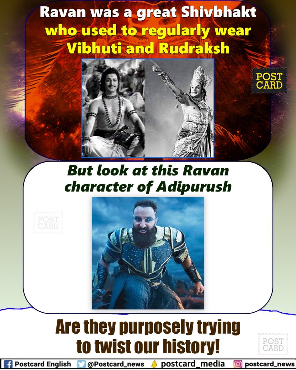 postcard_news's tweet photo. Ravan was a great Shivbhakt who used to regularly wear Vibhuti and Rudraksh

But look at this Ravan character of Adipurush

Are they purposely trying to twist our history! https://t.co/ucM109GWfj