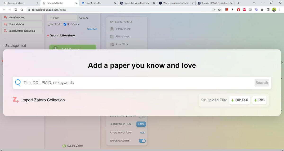 As soon as you create a new collection, Research Rabbit will open it up and give you the option to add papers