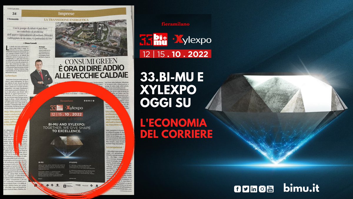 BIMU2026's tweet photo. ⏱-9 giorni a #33BIMU e #Xylexpo
Oggi a pag 34 de L'Economia del Corriere della Sera la pubblicità di #33BIMU e @Xylexpo (biennale delle tecnologie per la lavorazione del #legno e dei componenti per l’industria del #mobile), manifestazioni che si proporranno in parallelo! https://t.co/89SgoxYfYn