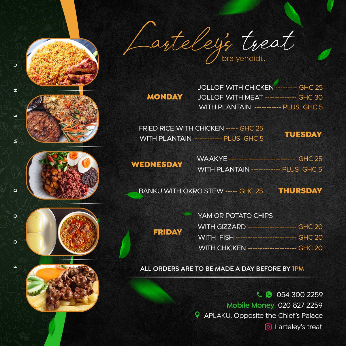spectrumghana's tweet photo. Food Menu design for Larteley's Treat .... 😍
Connect with Us for your design needs ❤️😊
#spectrumghana #trending #viral #graphicsdesignagency https://t.co/v2Dlzi404x
