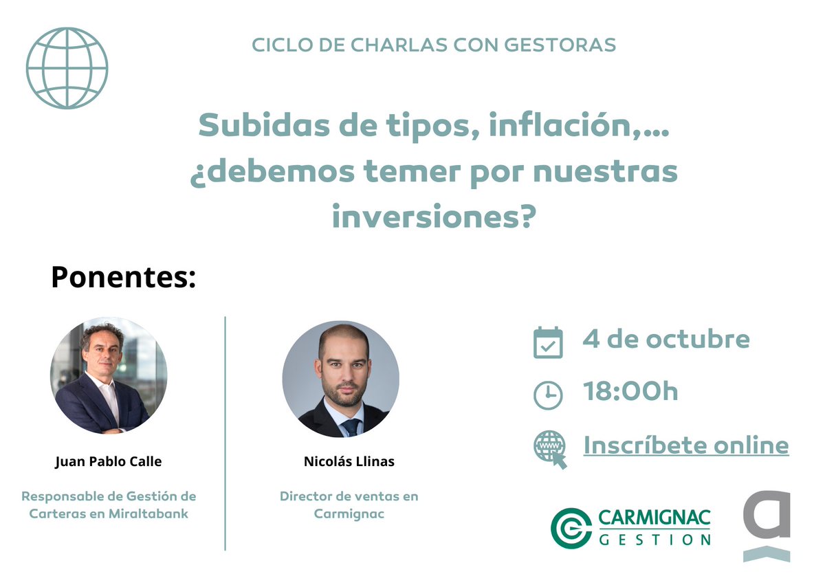 miraltabank's tweet photo. 📢 Mañana vueleven a comenzar nuestrol Ciclo de Charlas con Gestoras de #Miraltabank.
➡️ 4 de octubre de 18h a 19h ¡Aun estás a tiempo de inscribirte!:

Modalidad Online➡️ https://t.co/jqgwaeDSBj 
Modalidad presencial con plazas limitadas ➡️marketing@miraltabank.com 

Más info👉 https://t.co/zIMijviFrz