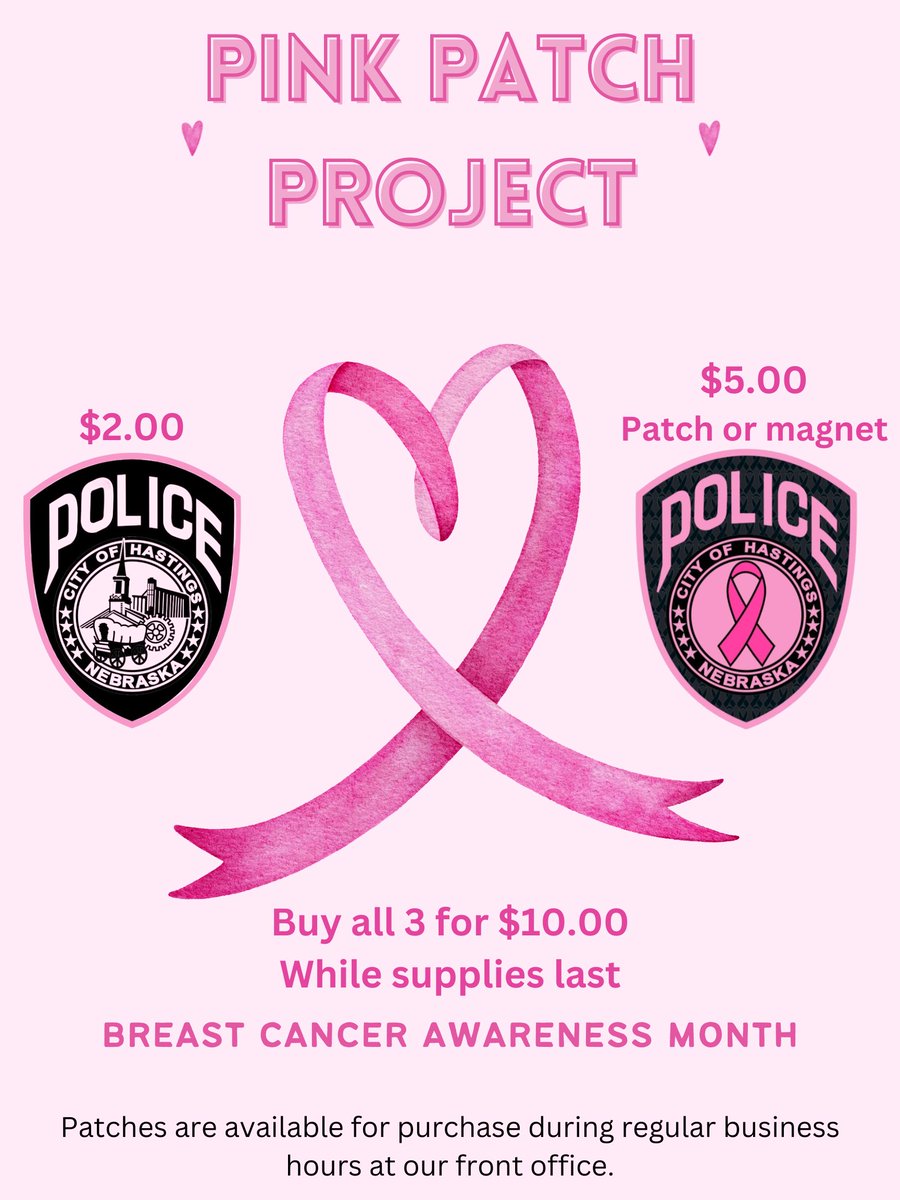 PoliceHastings's tweet photo. #PinkOctober has arrived. Stop in our front lobby during regular business hours to make a donation to the #ForeverPinkFoundation and receive a pink patch, magnet, or both while supplies last. #PinkPatchProject #PinkPatchProject2022 #BreastCancerMonth #BreastCancerAwareness https://t.co/KK6rNIWCXE