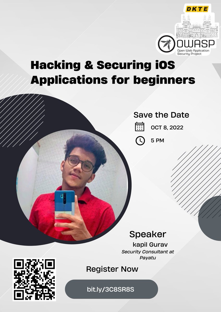 OwaspDkte's tweet photo. ๐ข๐ขOWASP DKTE Meet #6
Connect with us on 8th Oct 5:00 PM IST where
@hackersden_ is going to give a talk on "Hacking & Securing iOS Application for beginners"
Registration Link: https://t.co/qYoi3g5pRD
#bugbounty #infosecurity #iOS #appsec #infosec #owasp #MobileSec @owasp https://t.co/pgYYDvn464