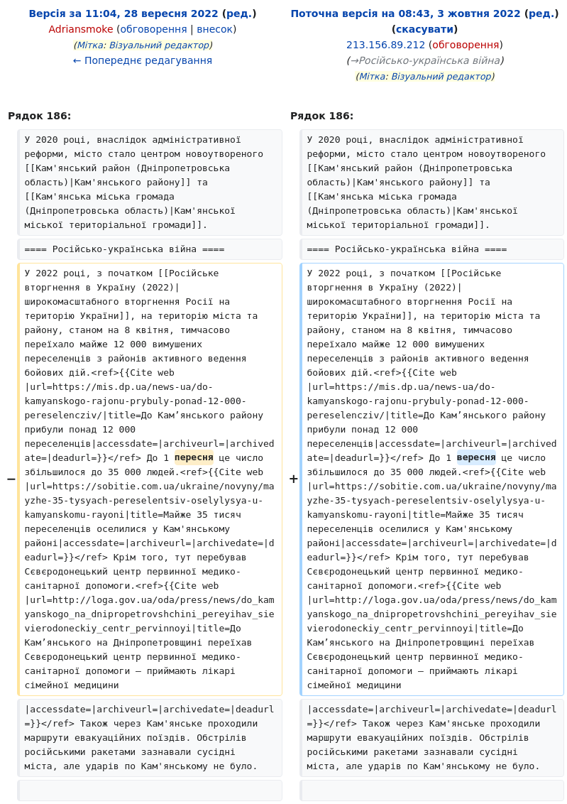 Статья в Википедии Кам'янське отредактирована из Укрспецсистемы uk.wikipedia.org/w/index.php?di…