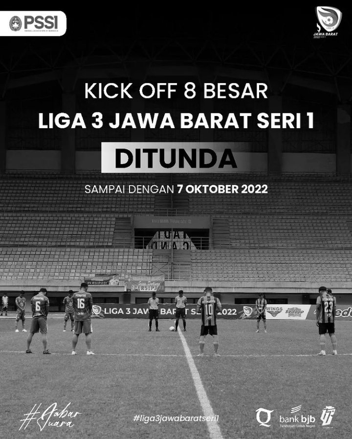 Untuk menghargai saudara-saudara kita yang tertimpa musibah di Stadion Kanjuruhan Malang, Liga 3 Seri 1 Jawa Barat resmi di tunda sampai tanggal 7 Oktober 2022.
#PSGCCiamis #LaskarSingacala